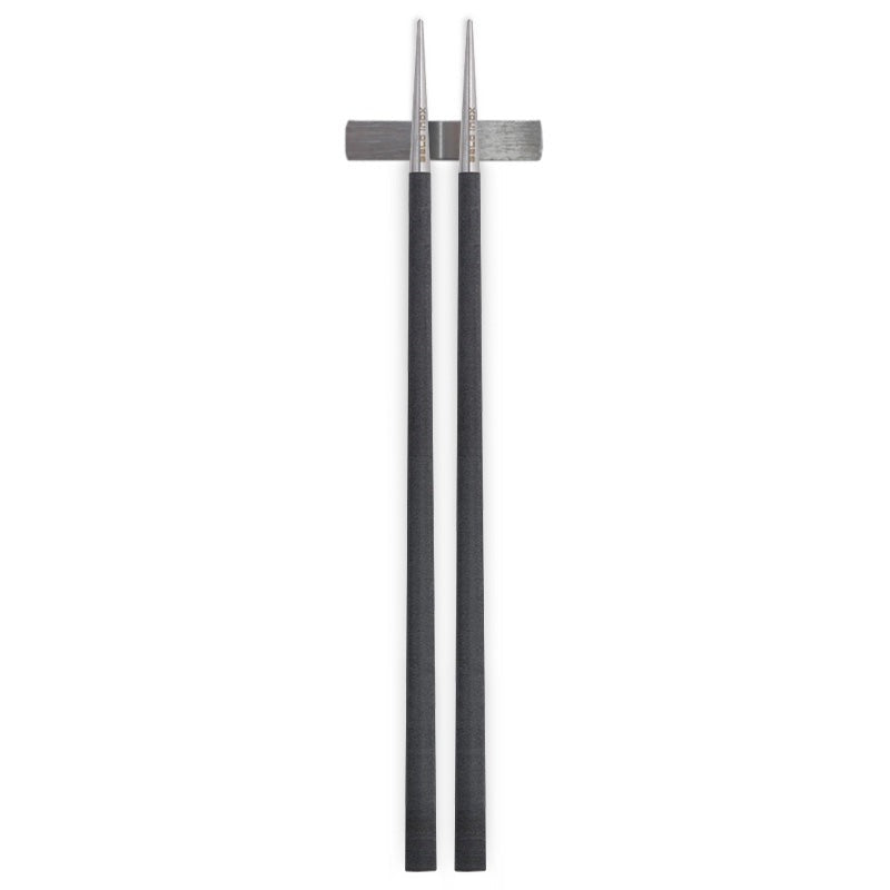 Belo Inox NEO Black chopsticks with stainless steel tips, black resin handles, and matching chopstick rest