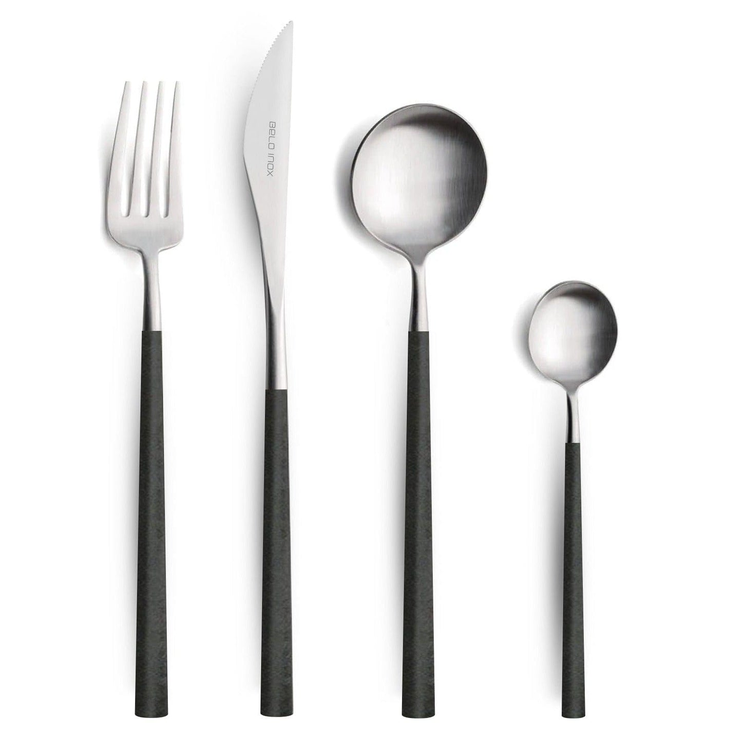 Belo Inox NEO Black cutlery set – 18/10 stainless steel with black resin handles, including knife, fork, spoon, dessert fork, and teaspoon. Modern Portuguese design