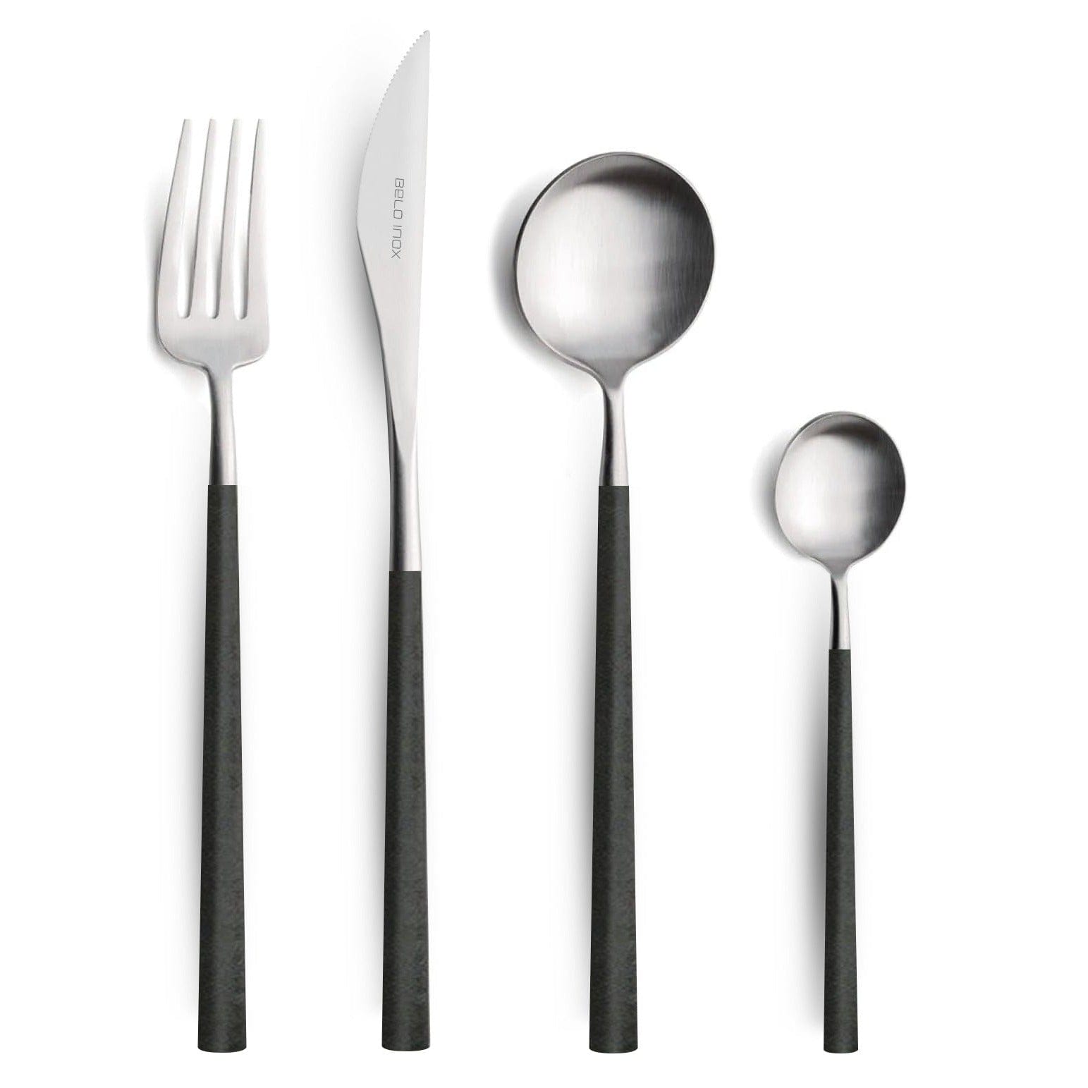 Belo Inox NEO Black cutlery set – 18/10 stainless steel with black resin handles, including knife, fork, spoon, dessert fork, and teaspoon. Modern Portuguese design