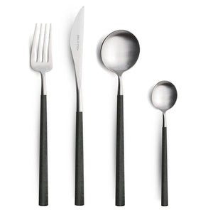 Belo Inox NEO Black cutlery set – 18/10 stainless steel with black resin handles, including knife, fork, spoon, dessert fork, and teaspoon. Modern Portuguese design