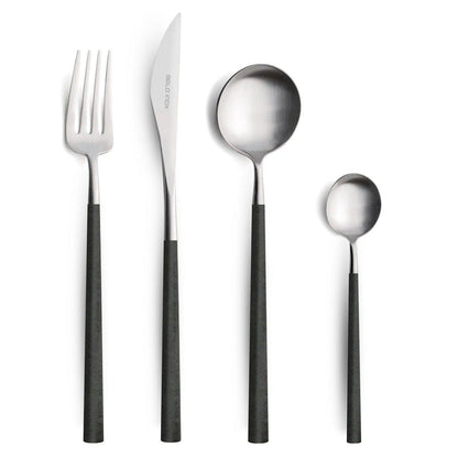 Belo Inox NEO Black cutlery set – 18/10 stainless steel with black resin handles, including knife, fork, spoon, dessert fork, and teaspoon. Modern Portuguese design