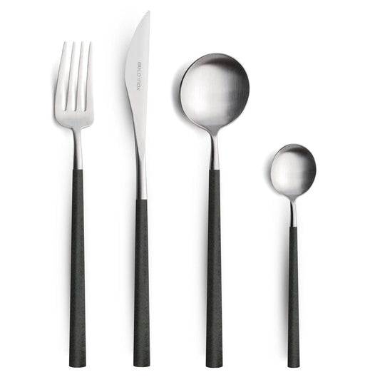 Belo Inox NEO Black cutlery set – 18/10 stainless steel with black resin handles, including knife, fork, spoon, dessert fork, and teaspoon. Modern Portuguese design
