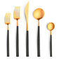 Belo Inox NEO cutlery set with black handle and brushed 24k gold finish – 5-piece set.

