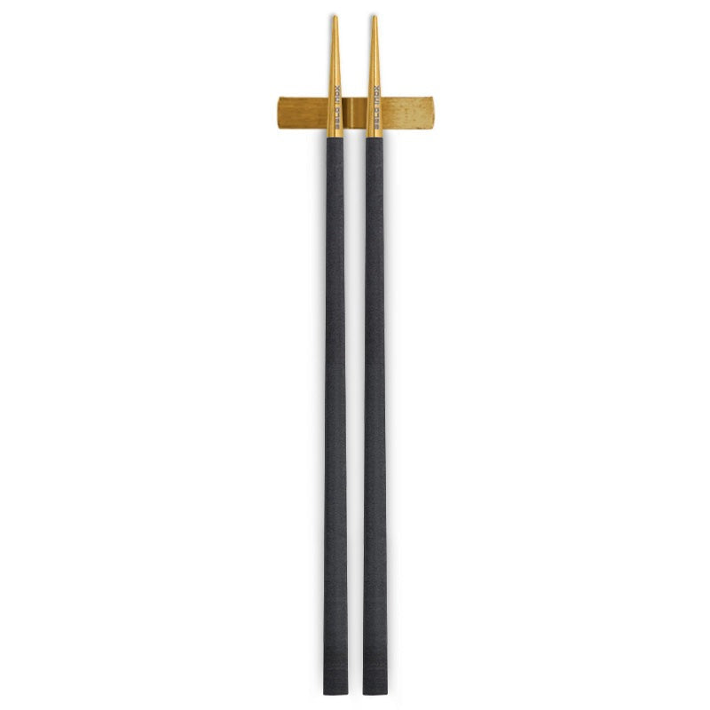 Belo Inox NEO Black  gold chopsticks with stainless steel tips, black resin handles, and matching chopstick rest
