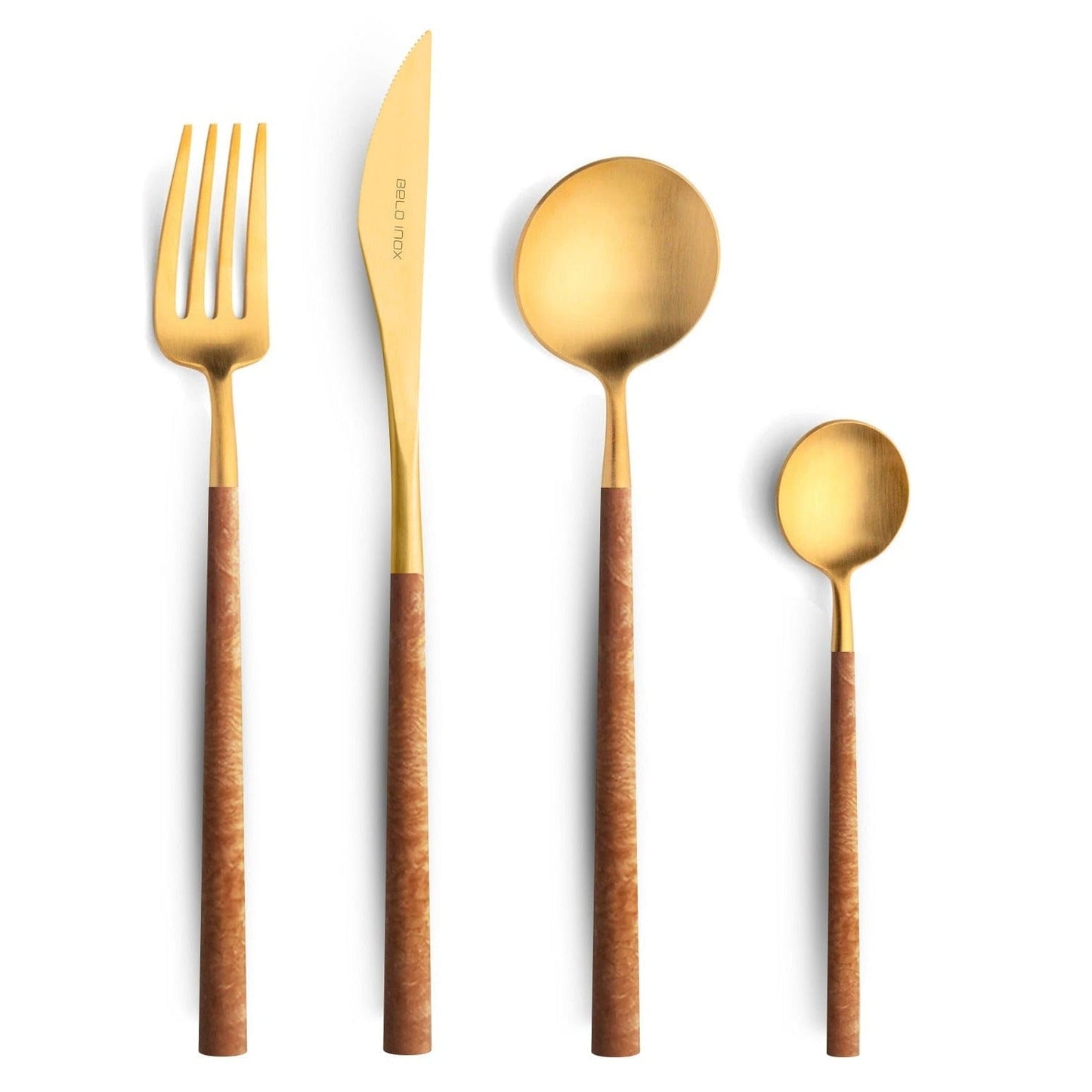 Belo Inox Neo Brown Gold cutlery set with golden heads and brown resin handles, displayed on a white background.
