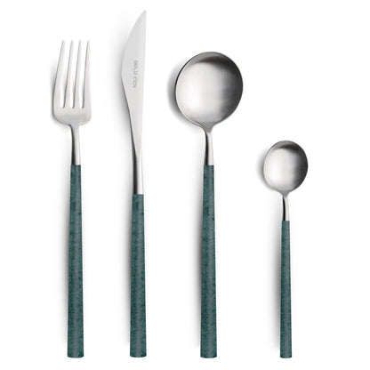 Belo Inox NEO Green stainless steel cutlery set with green resin handles, including knife, fork, spoon and teaspoon. Modern Portuguese flatware design