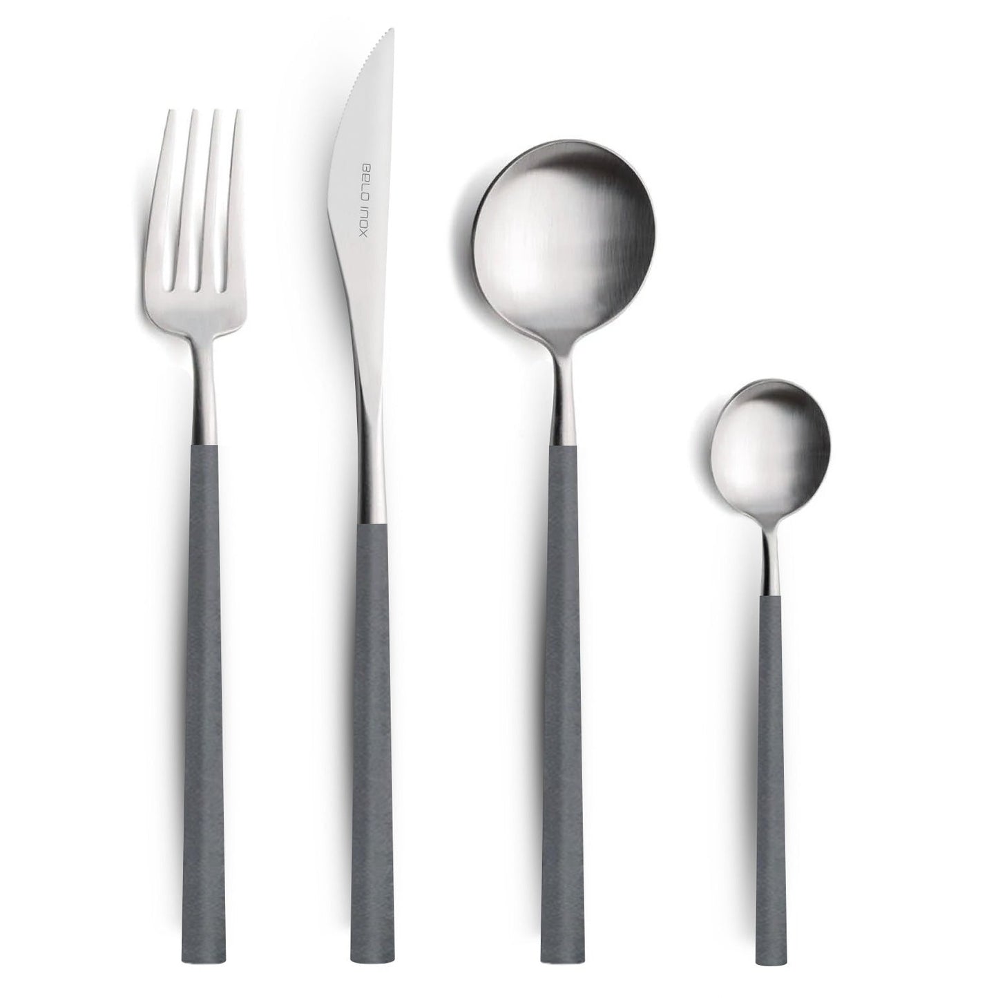 Belo Inox Neo Grey cutlery set made in Portugal – stainless steel 18/10 with grey resin handles, including table knife, fork, spoon and teaspoon.