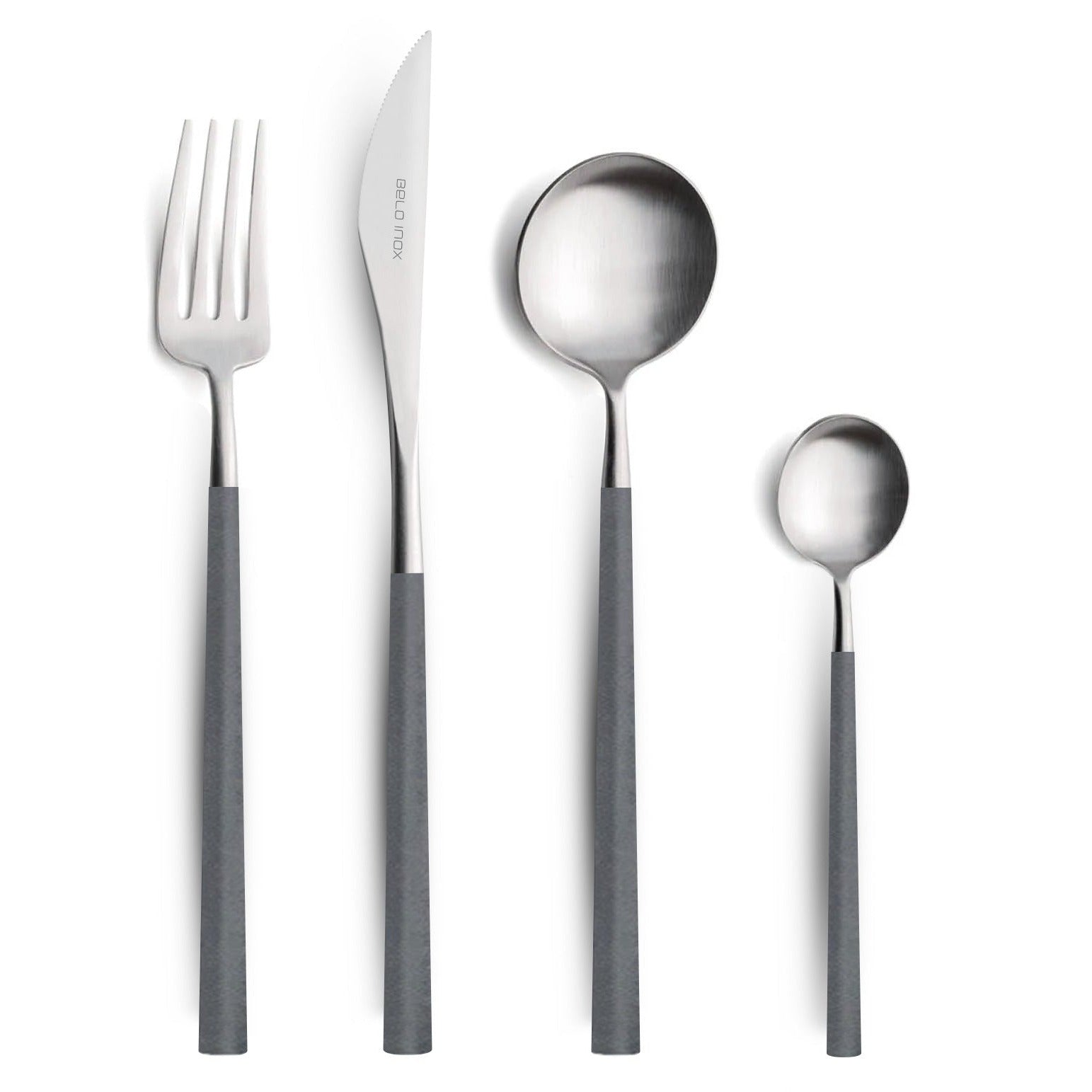 Belo Inox Neo Grey cutlery set made in Portugal – stainless steel 18/10 with grey resin handles, including table knife, fork, spoon and teaspoon.