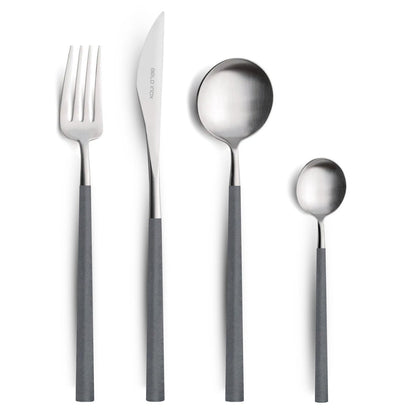 Belo Inox Neo Grey cutlery set made in Portugal – stainless steel 18/10 with grey resin handles, including table knife, fork, spoon and teaspoon.