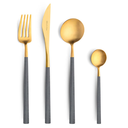 Belo Inox Neo Grey Gold cutlery set in 24K gold and grey resin handles, handcrafted in Portugal from 18/10 stainless steel. Includes knife, fork, spoon and teaspoon