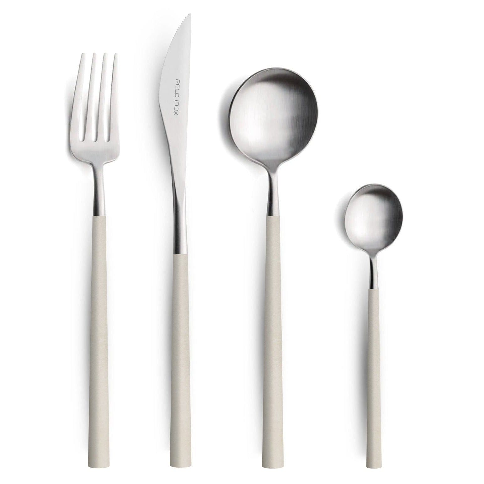 Belo Inox Neo Ivory cutlery set featuring table knife, fork, spoon and teaspoon with ergonomic ivory resin handles. Handcrafted in Portugal, available at Bright Kitchen