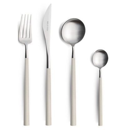 Belo Inox Neo Ivory cutlery set featuring table knife, fork, spoon and teaspoon with ergonomic ivory resin handles. Handcrafted in Portugal, available at Bright Kitchen