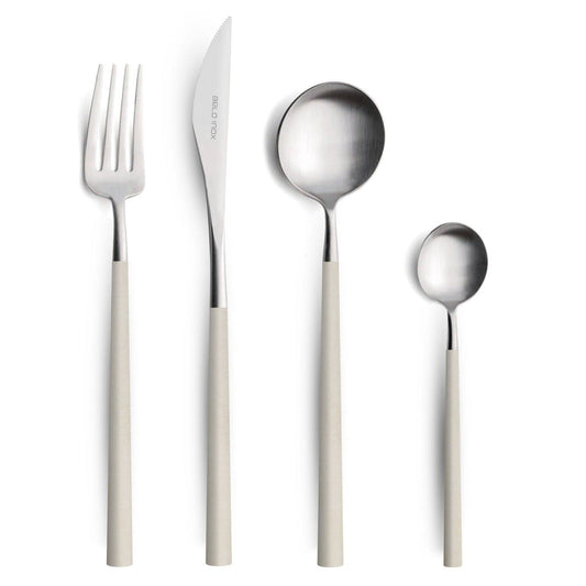Belo Inox Neo Ivory cutlery set featuring table knife, fork, spoon and teaspoon with ergonomic ivory resin handles. Handcrafted in Portugal, available at Bright Kitchen