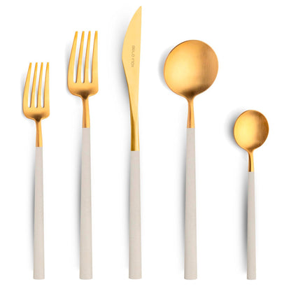 Belo Inox NEO Gold cutlery set in ivory handle, five-piece set including fork, knife, tablespoon, dessert fork and teaspoon on white background.
