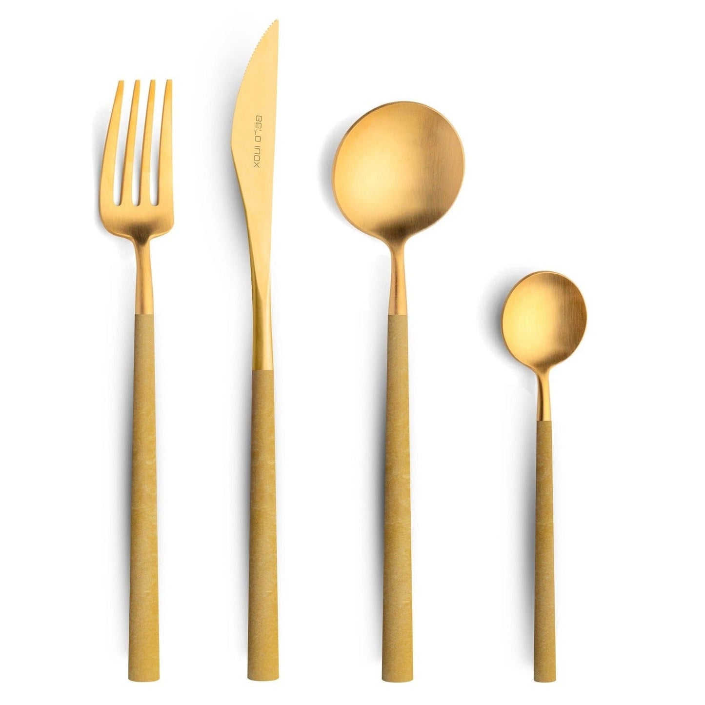 Belo Inox Neo Mustard Gold cutlery set with stainless steel and resin handles in matte gold finish, handmade in Portugal