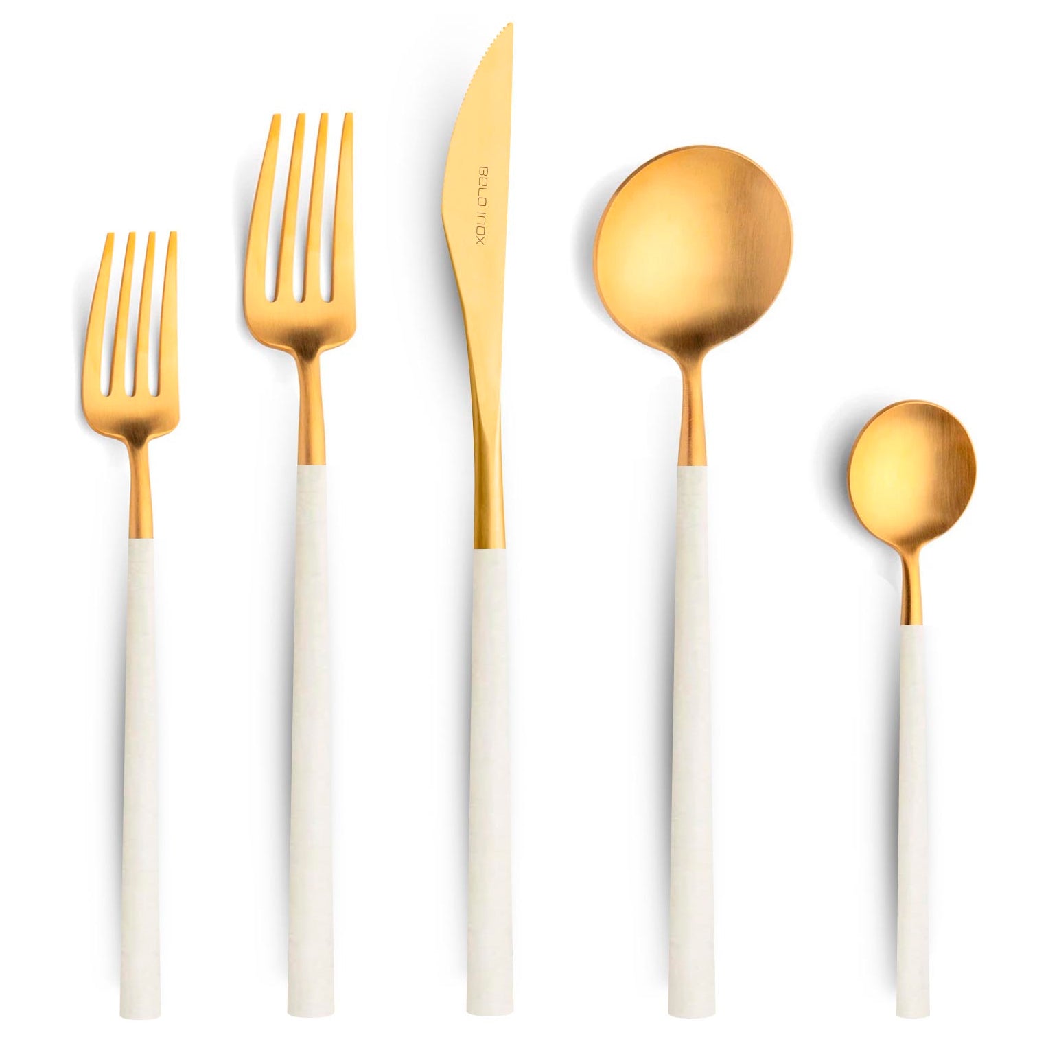 Belo Inox NEO White cutlery set in brushed gold finish with white resin handles, 5-piece set.
