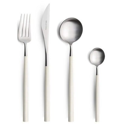 A set of Belo Inox Neo White cutlery including a table knife, fork, spoon, and teaspoon with white resin handles, made in Portugal.