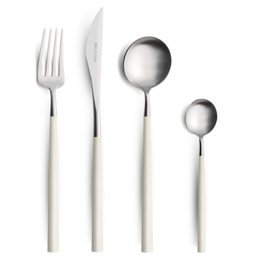 A set of Belo Inox Neo White cutlery including a table knife, fork, spoon, and teaspoon with white resin handles, made in Portugal.