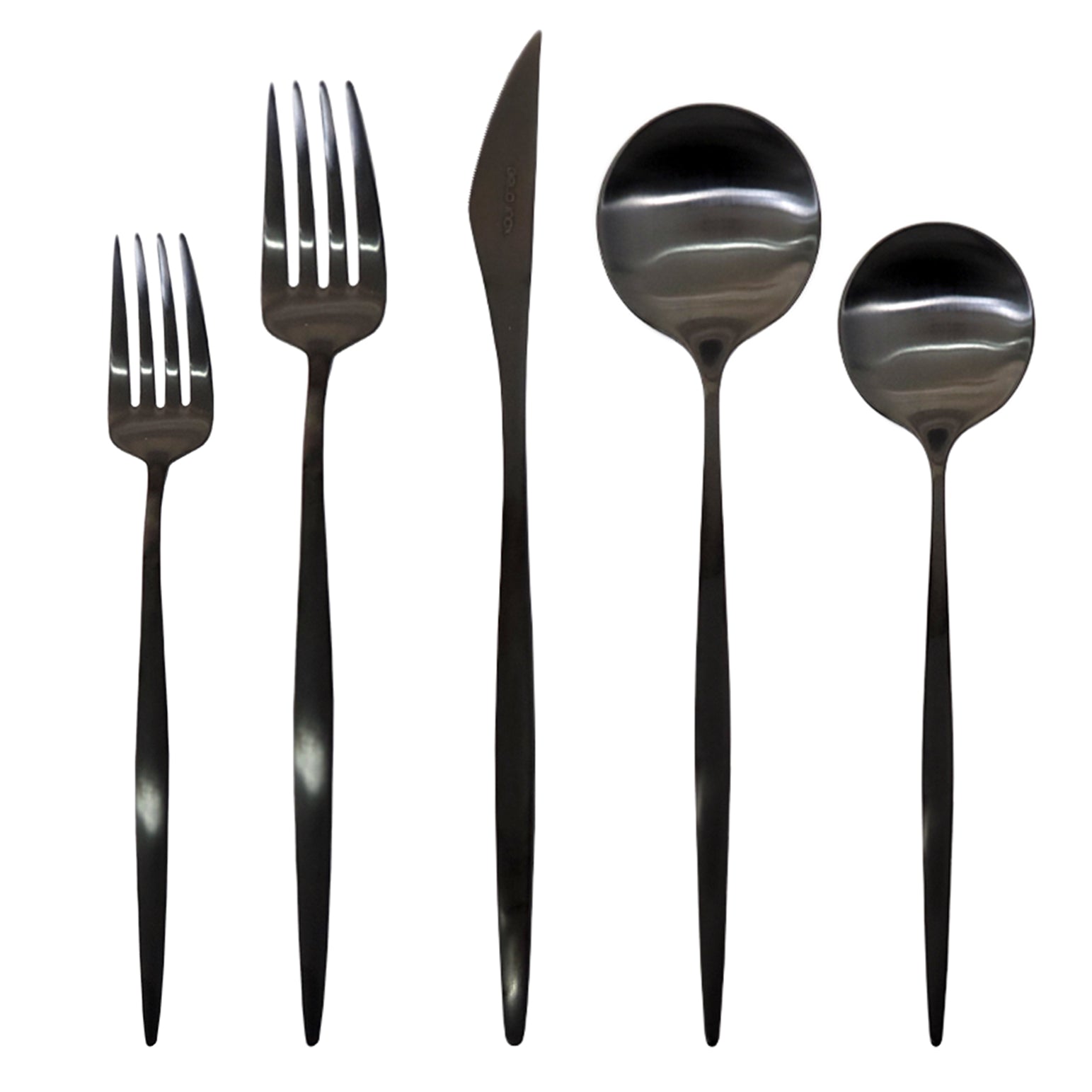 Belo Inox Spirit Black Brushed 5-piece cutlery set – stainless steel knife, fork, spoon, dessert spoon, and dessert fork with matte brushed finish, handcrafted in Portugal