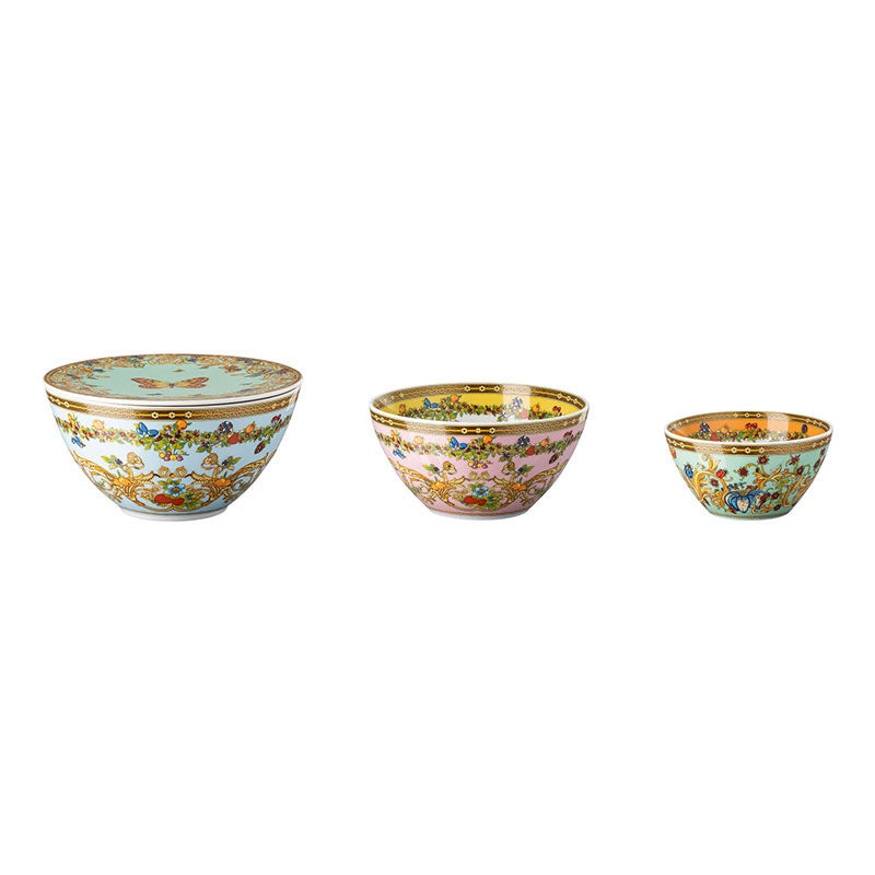 Versace Le Jardin porcelain bowl set with multiple sizes floral pattern and gold details