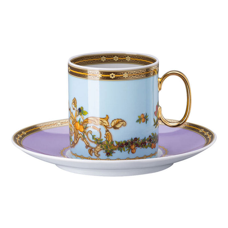 Versace Le Jardin porcelain coffee cup and saucer set with floral pattern and gold details