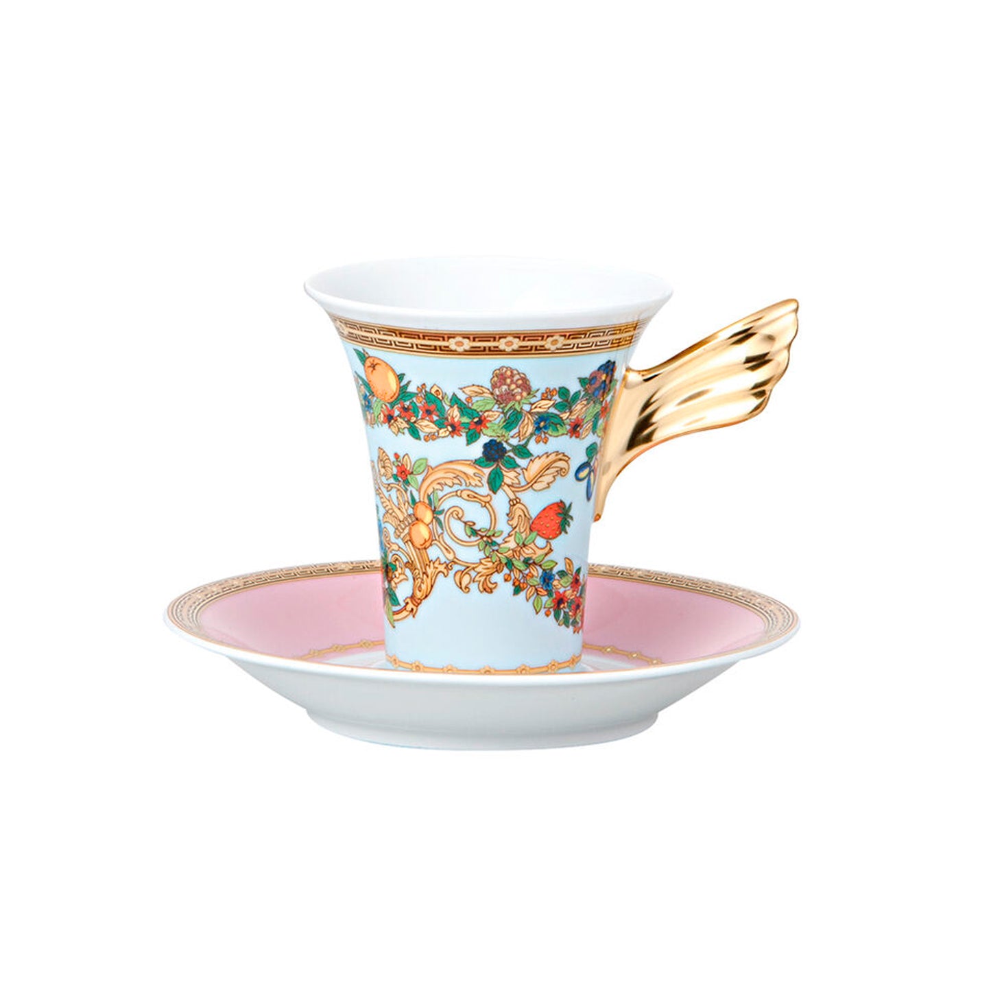 Versace Le Jardin coffee cup and saucer in porcelain with ornate gold detailing, floral motifs and butterfly patterns on pastel tones