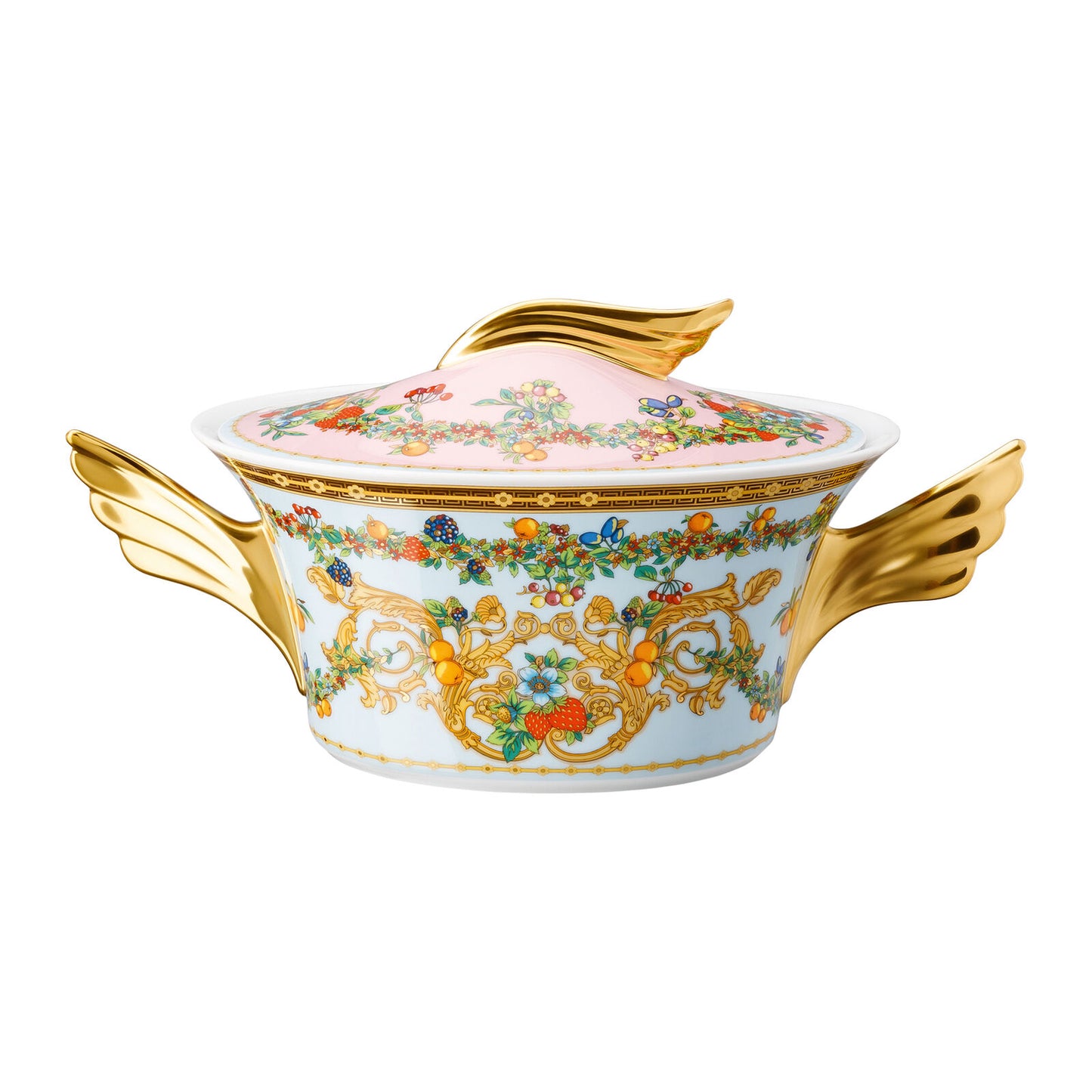 Versace Le Jardin porcelain covered vegetable bowl with floral design and gold detailing