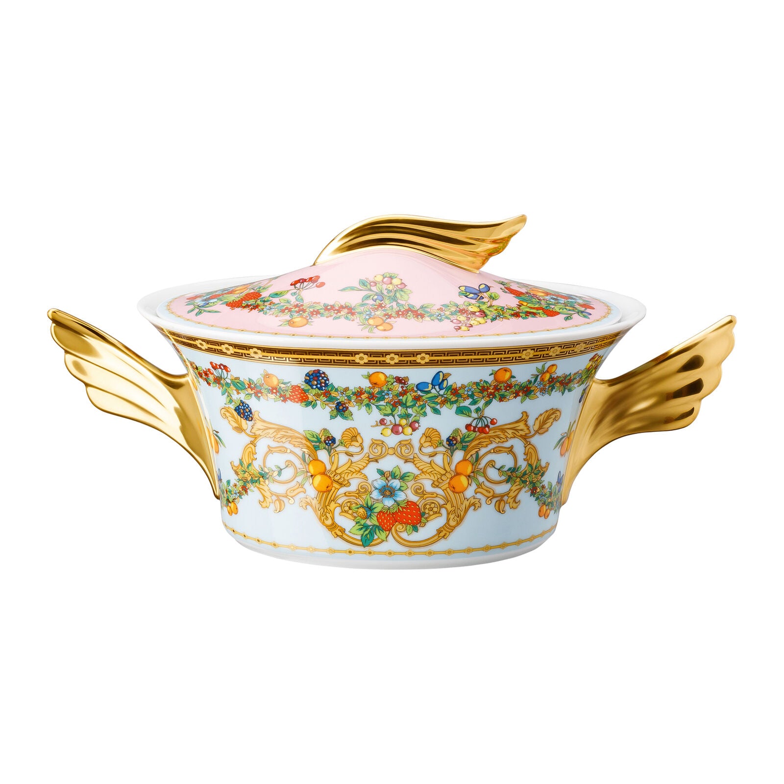 Versace Le Jardin porcelain covered vegetable bowl with floral design and gold detailing