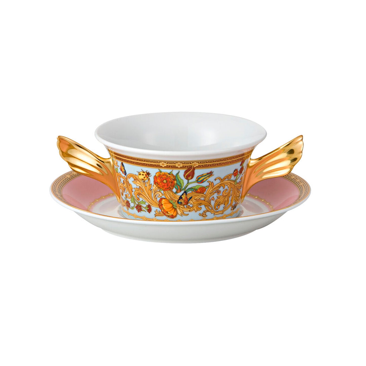 Versace Le Jardin porcelain cream soup cup and saucer with floral design and gold detailing