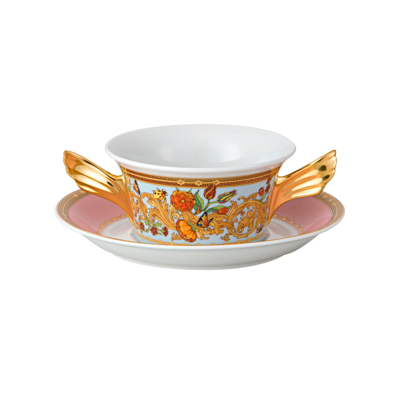 Versace Le Jardin porcelain cream soup cup and saucer with floral design and gold detailing