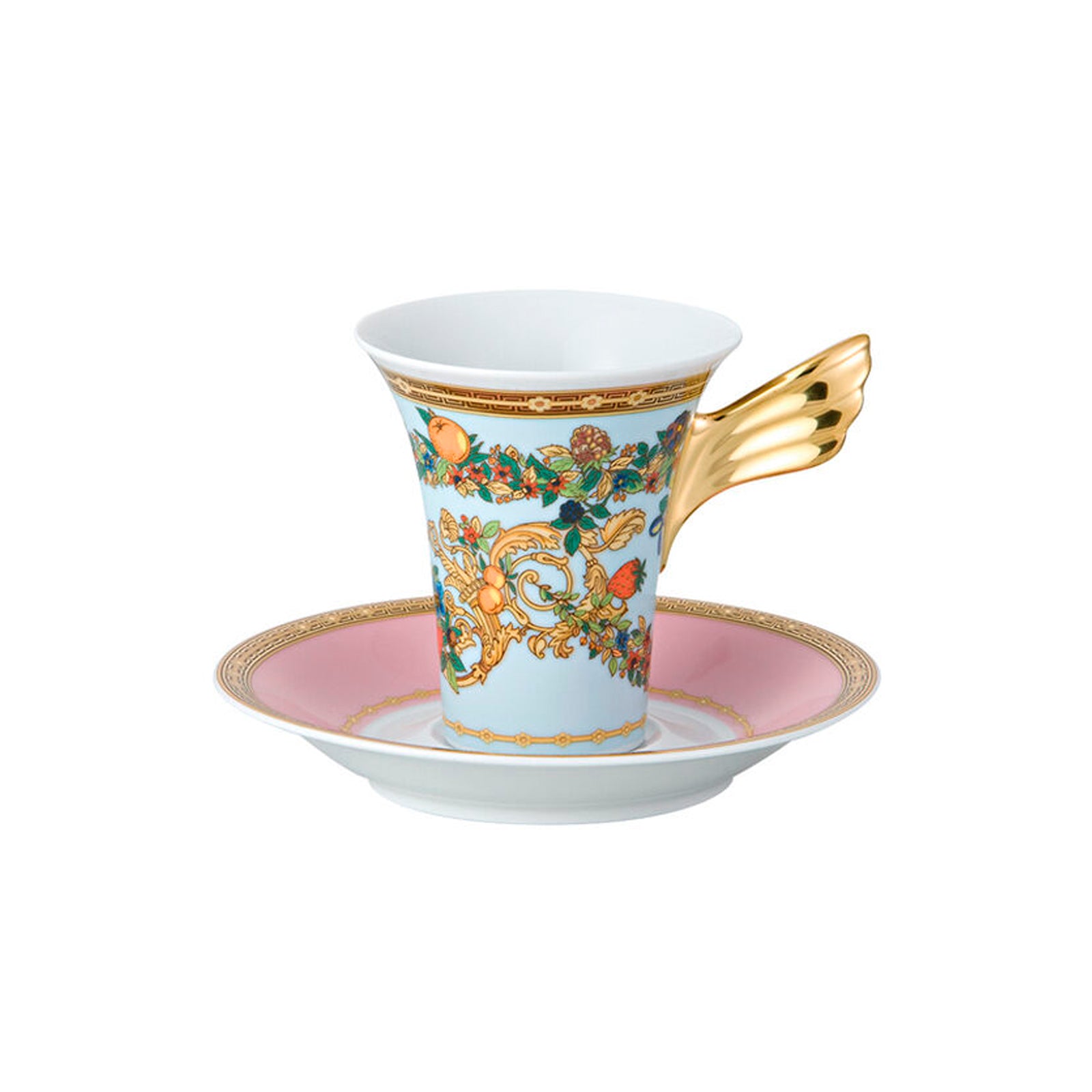 Versace Le Jardin espresso cup and saucer in porcelain with gold detailing and floral motifs