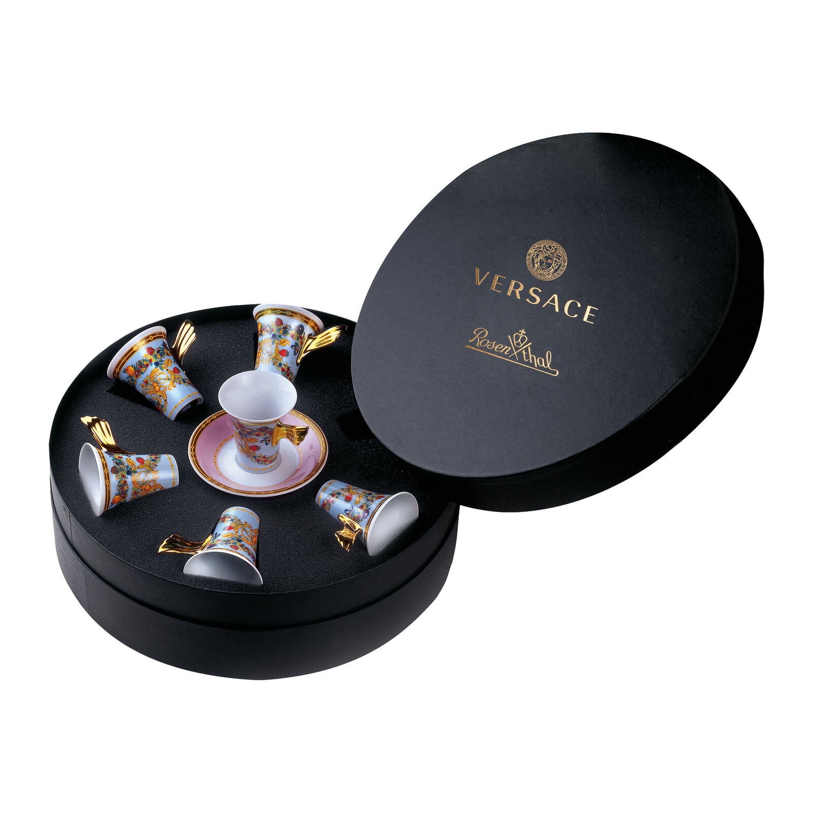 Versace Le Jardin espresso and mocha cup set with saucers displayed in premium black Versace gift box
