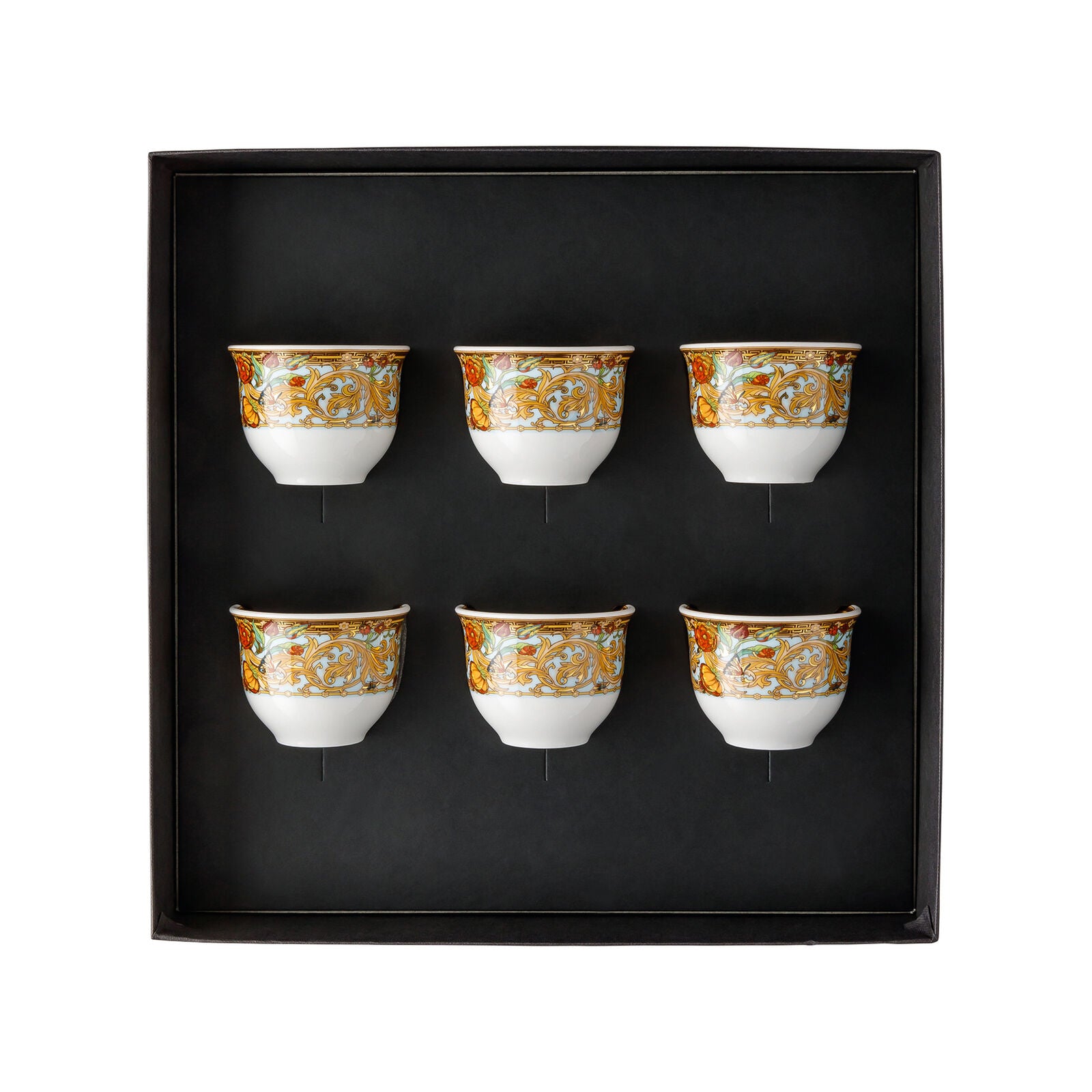 Versace Le Jardin porcelain handleless cups set arranged in display box with floral motif and gold detailing