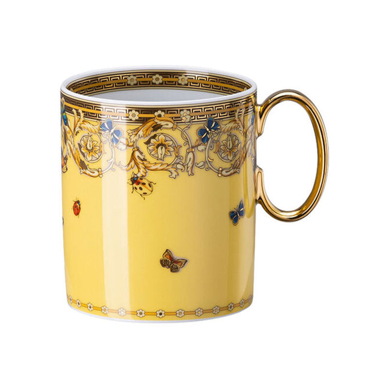 Versace Le Jardin porcelain mug with yellow finish floral motif and gold detailing