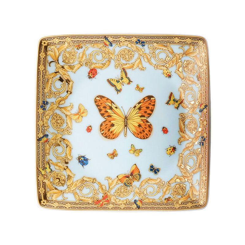 Versace Le Jardin decorative square porcelain bowl 12 cm with butterfly motif and gold details