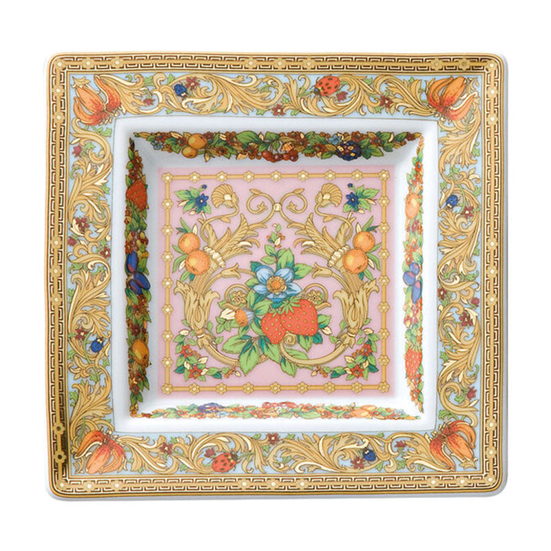 Versace Le Jardin decorative square porcelain dish 14 cm with fruit motif and gold details