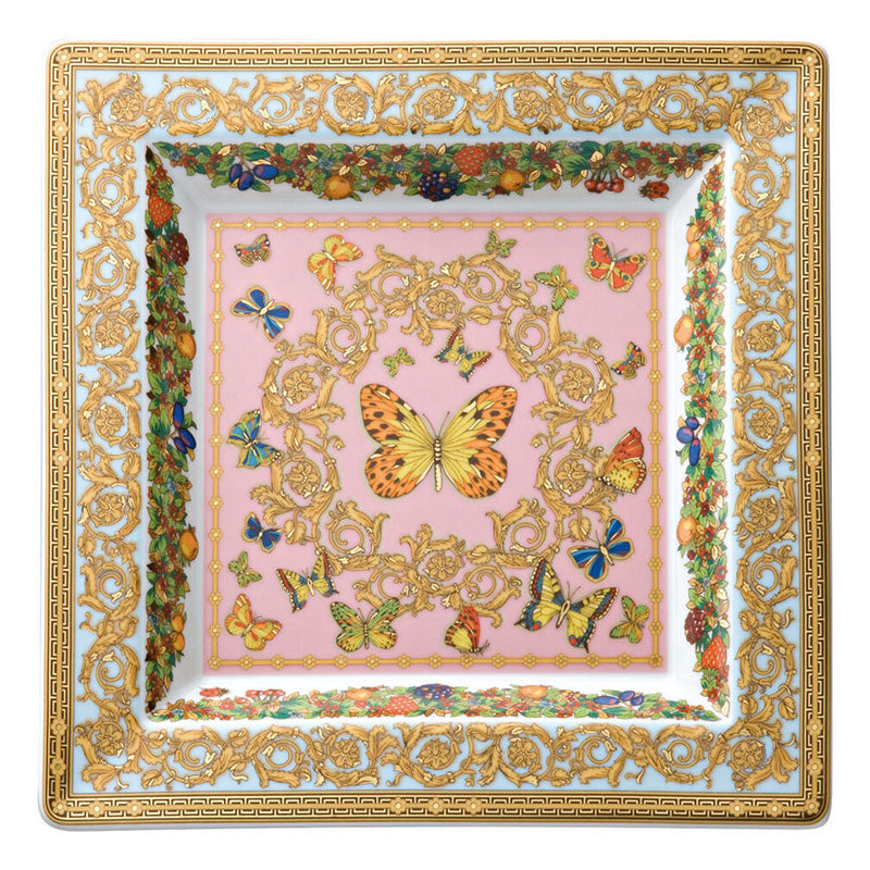 Versace Le Jardin decorative square porcelain dish 22 cm with butterfly motif and gold details