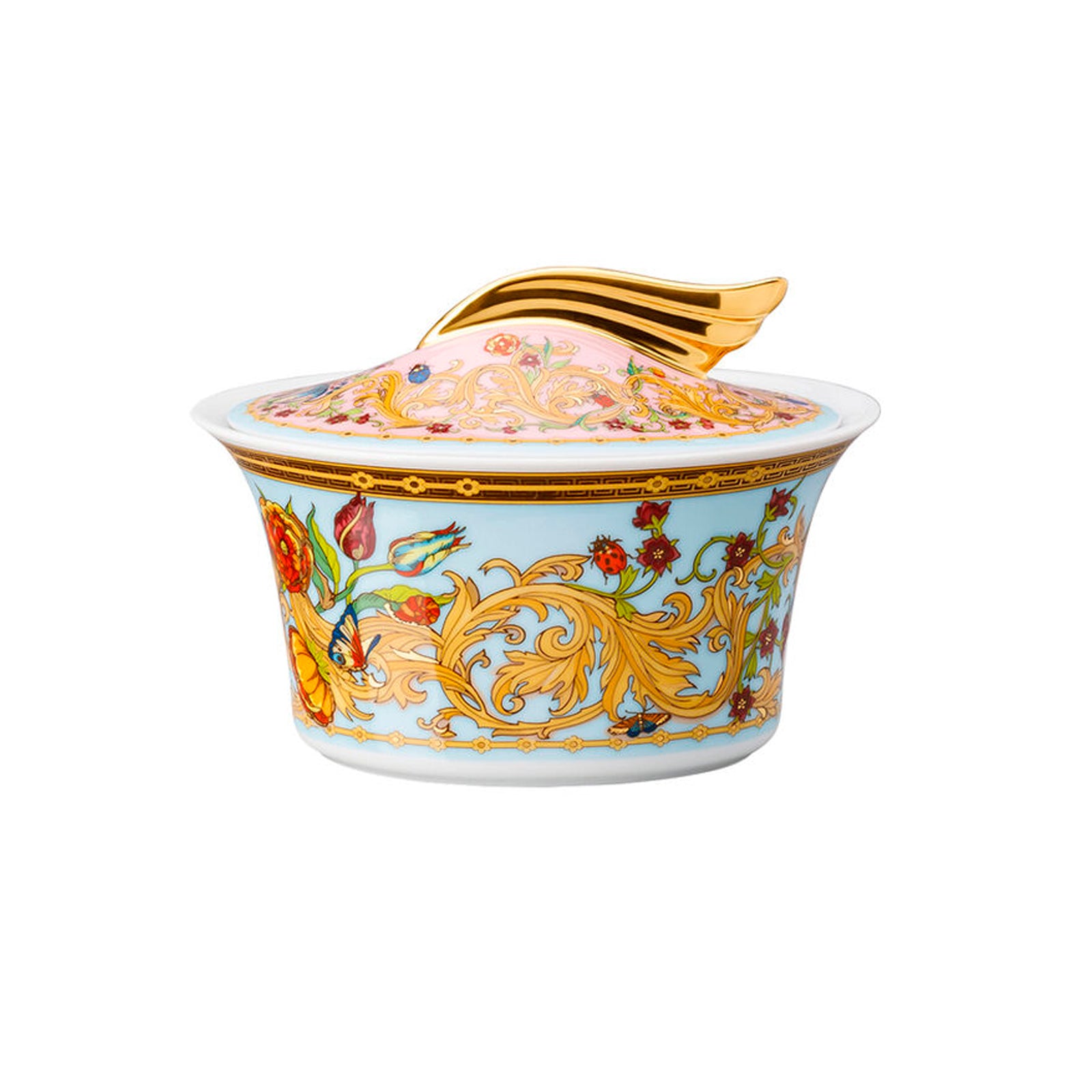 Versace Le Jardin porcelain sugar bowl with floral motifs, butterflies and gold details