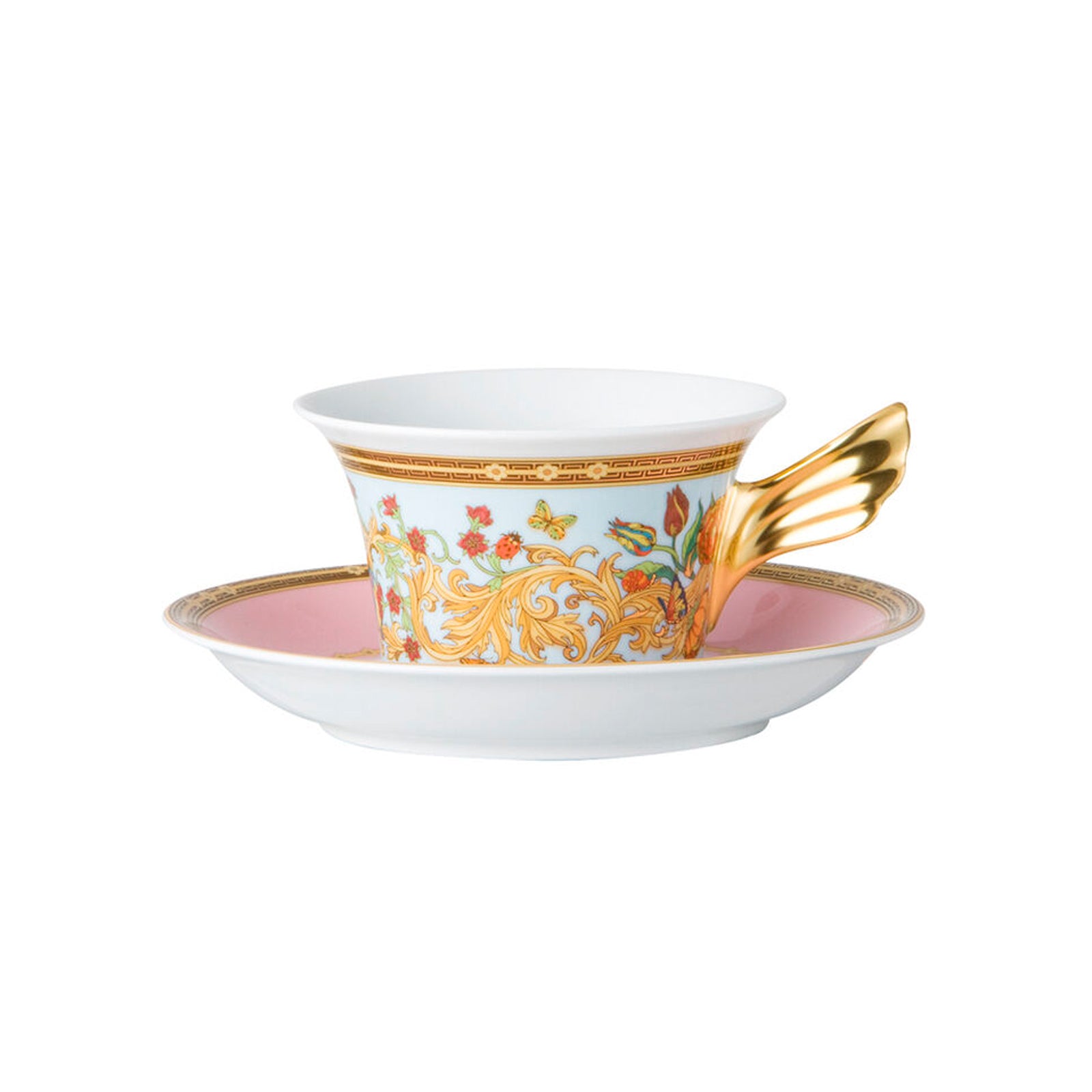 Versace Le Jardin tea cup and saucer with gold detailing and floral motifs