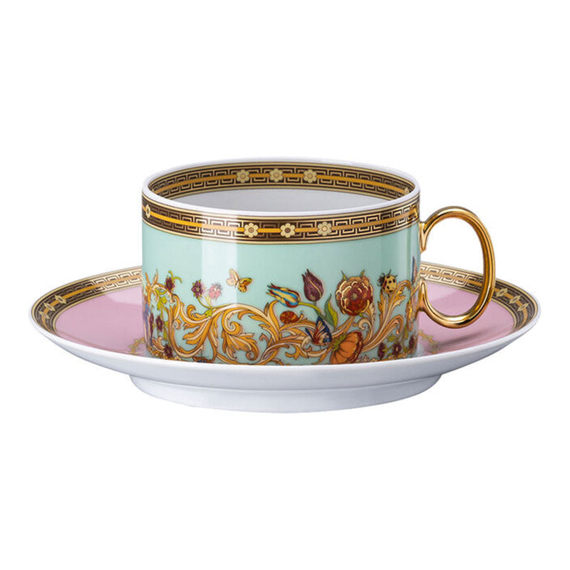 Versace Le Jardin porcelain tea cup and saucer set with floral pattern and gold details