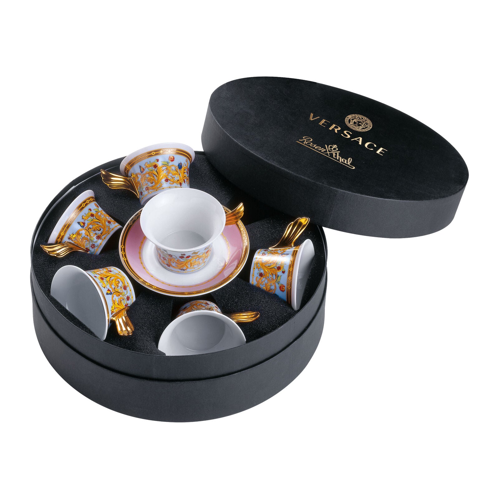 Versace Le Jardin tea cups and saucers set with floral motifs and gold detailing in luxury gift box