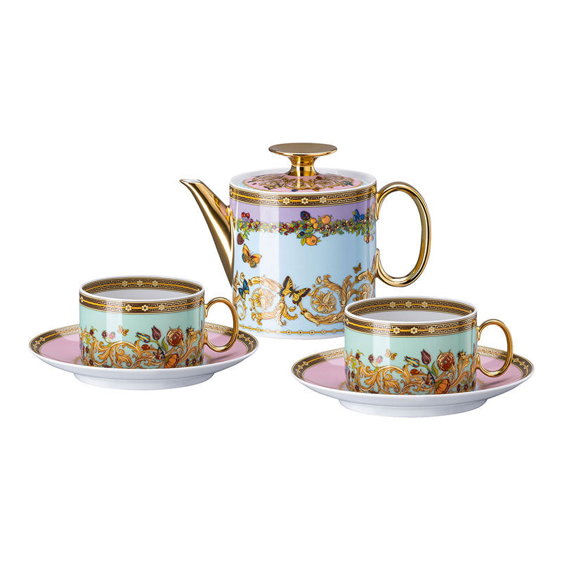 Versace Le Jardin porcelain tea set for two with teapot and tea cups with saucers floral motif and gold detailing